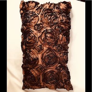 BROWN SILKY SATIN ROSES LUMBAR BED PILLOW SMOOTH PLAIN BACK 23x14 LIGHTLY LOVED